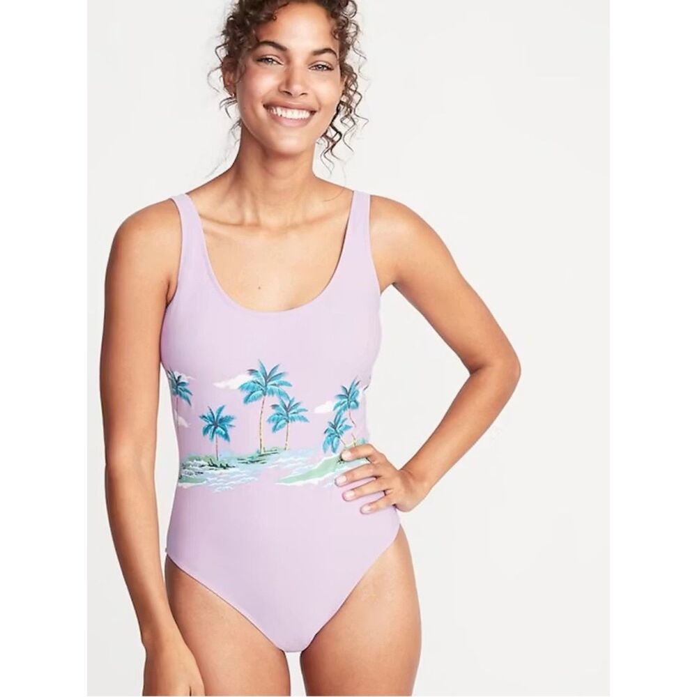 Old Navy One Piece Swimsuit Palm Tree Tropical Purple NWT Small